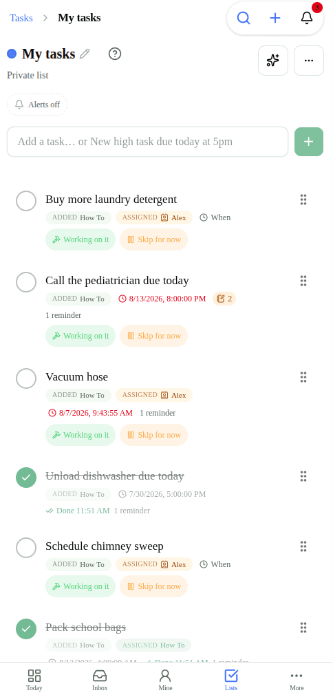 My tasks on the phone — add, assign, and check off work