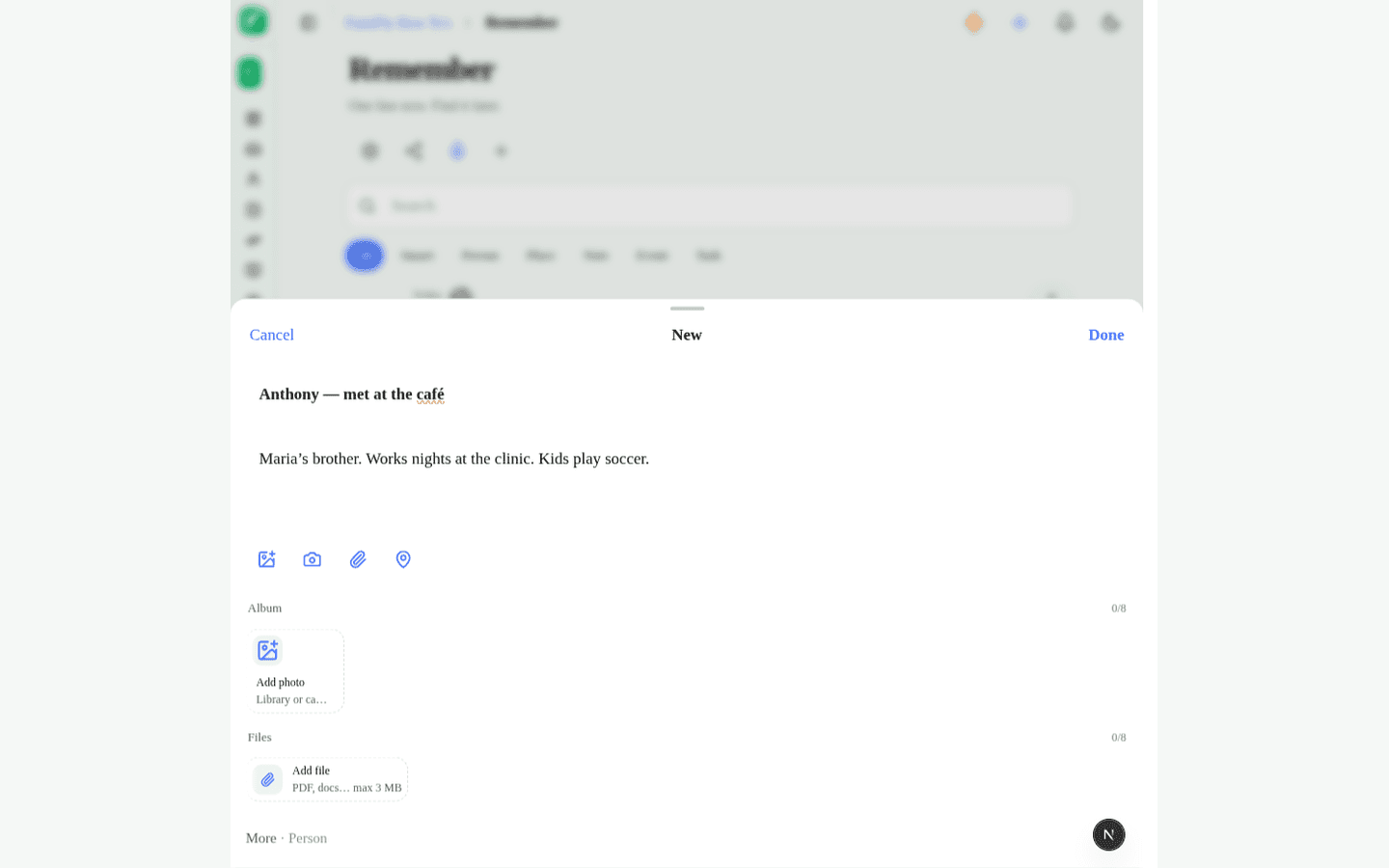 Remember composer with title, details, and optional photo