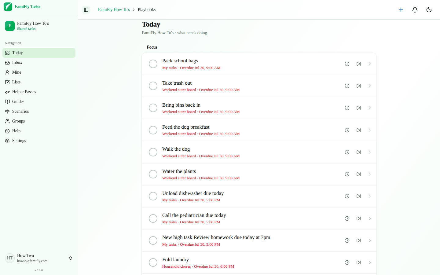 Today view with Focus due tasks and Circle feed