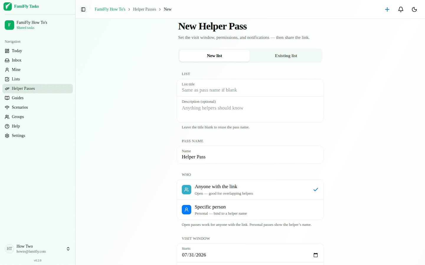 New Helper Pass form — visit window, open or personal, permissions