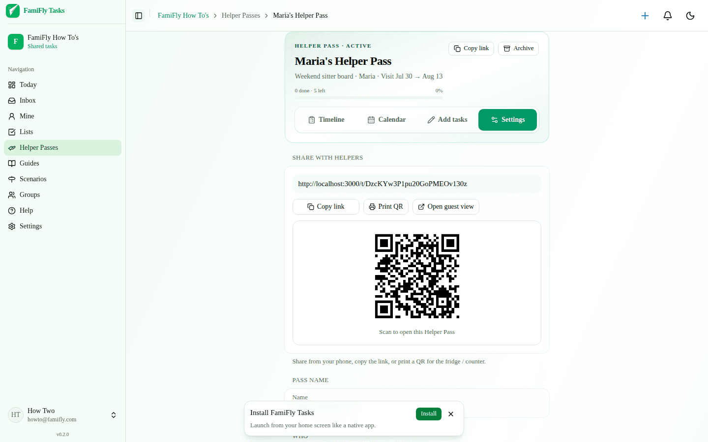 Helper Pass settings with QR code ready to print