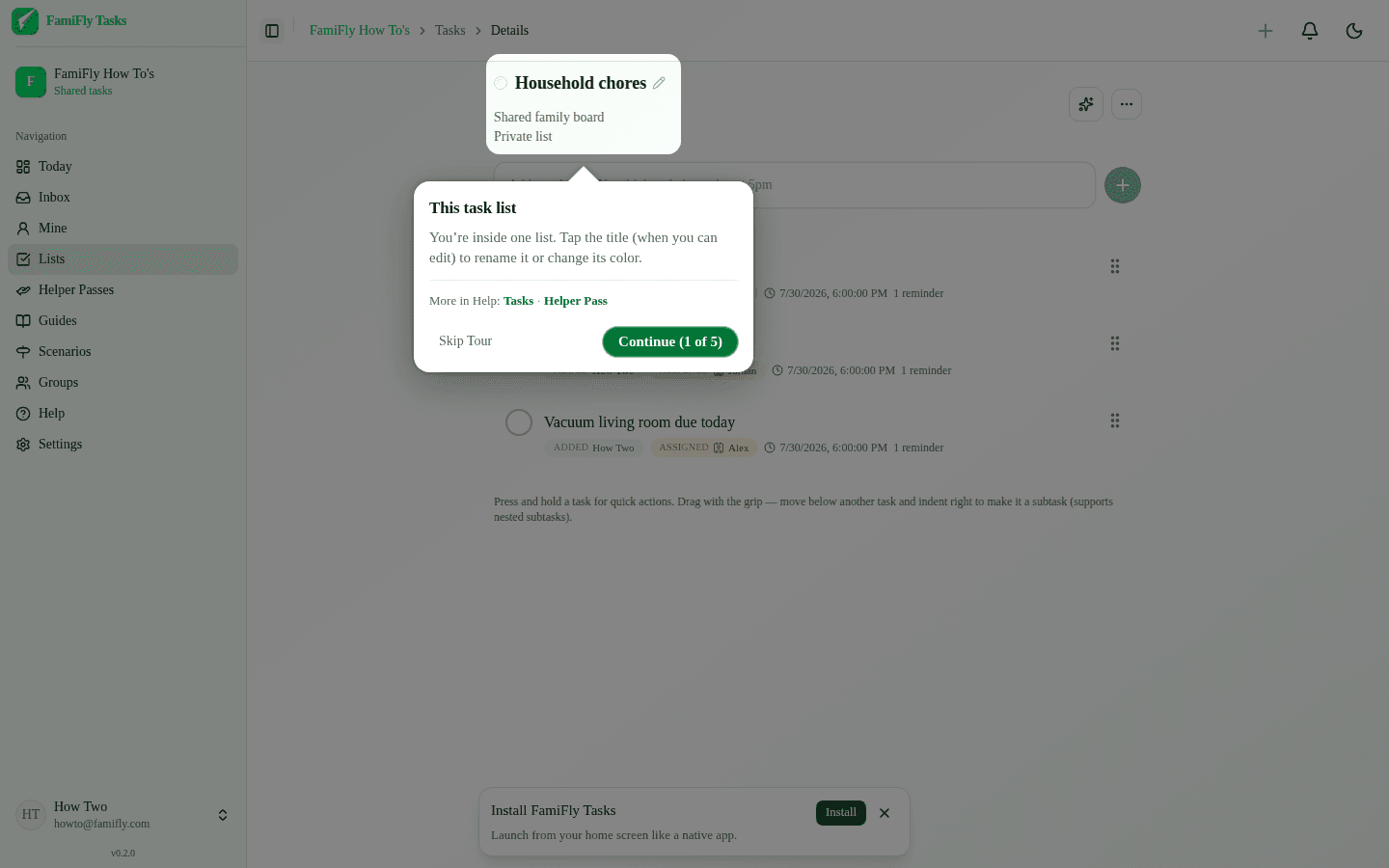 Shared household chores list with assignees
