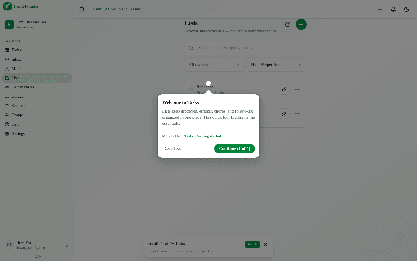 Lists overview with personal and shared boards