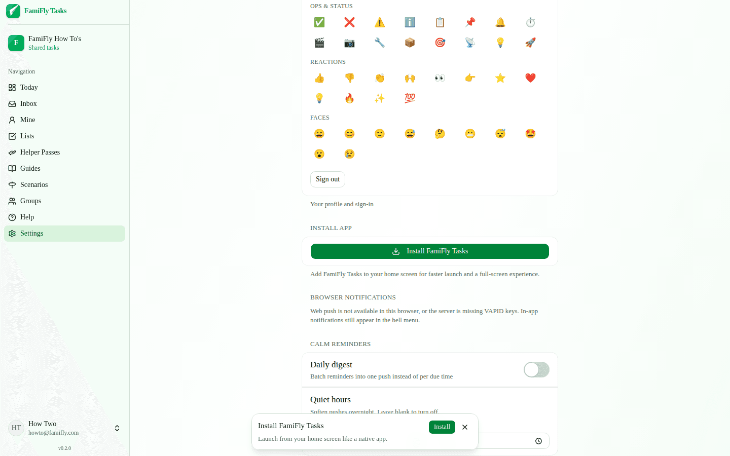 Settings Install app and browser notifications